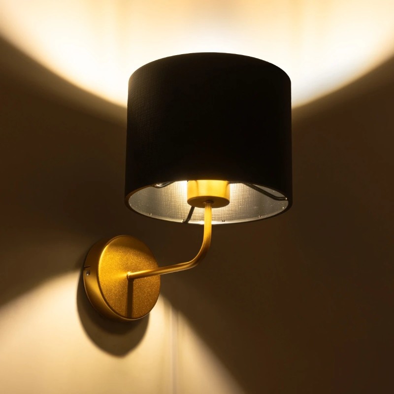 GloboStar® RALPH 203-0040 Vintage Επιτοίχιο Φωτιστικό Απλίκα Μονόφωτο 1 x E27 IP20 Χρυσό Μέταλλο με Μαύρο Ύφασμα - Μ22 x Π29 x Υ30cm