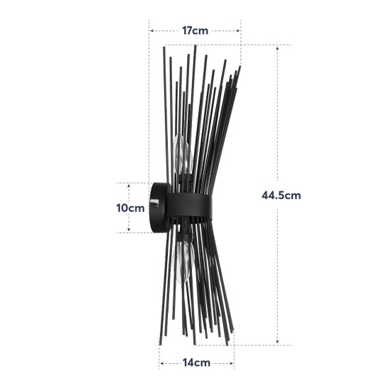 GloboStar® HORN 203-0043 Vintage Επιτοίχιο Φωτιστικό Απλίκα Δίφωτο 2 x E14 IP20 Μαύρο Μέταλλο - Μ14 x Π17 x Υ44.5cm