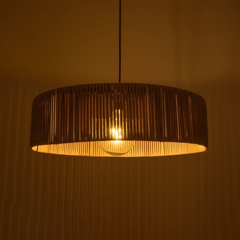 GloboStar® KYCLOS 203-0044 Boho Κρεμαστό Φωτιστικό Καπέλο Μονόφωτο 1 x E27 IP20 Μπέζ Rattan - M55 x Π55 x Υ20cm
