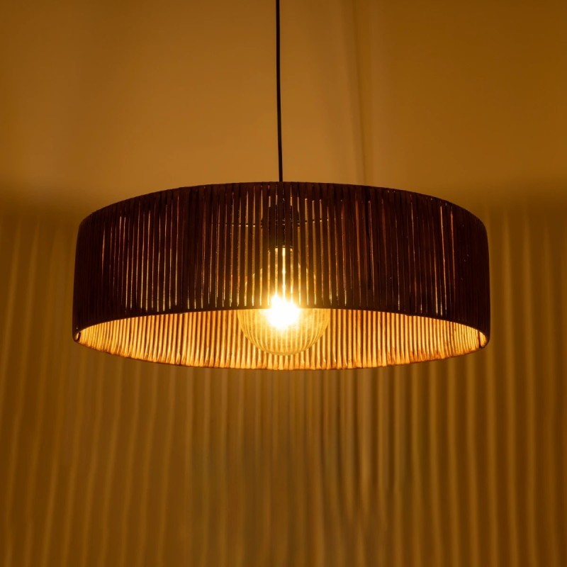 GloboStar® KYCLOS 203-0045 Boho Κρεμαστό Φωτιστικό Καπέλο Μονόφωτο 1 x E27 IP20 Καφέ Rattan - M55 x Π55 x Υ20cm