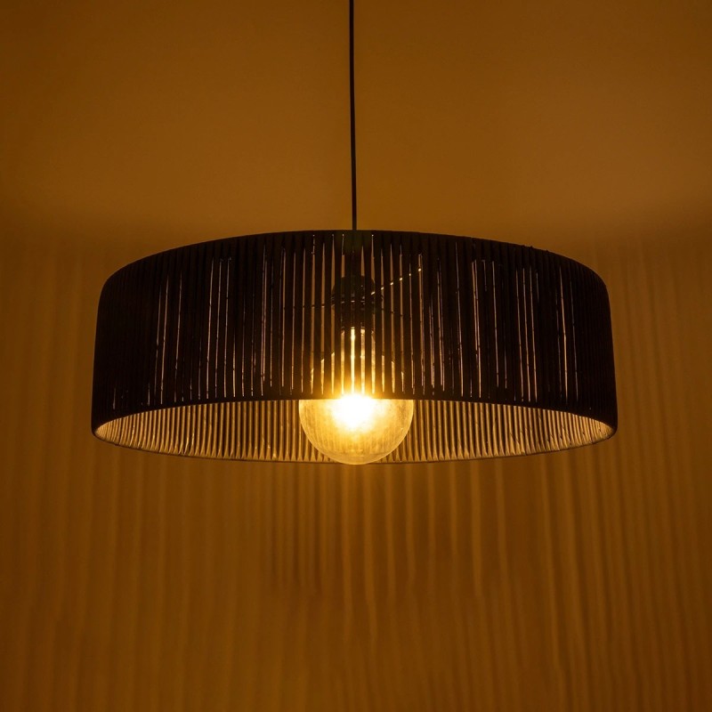 GloboStar® KYCLOS 203-0046 Boho Κρεμαστό Φωτιστικό Καπέλο Μονόφωτο 1 x E27 IP20 Μαύρο Rattan - M55 x Π55 x Υ20cm