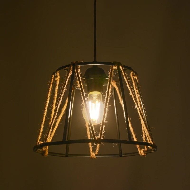 GloboStar® JUTE 203-0090 Μοντέρνο Κρεμαστό Φωτιστικό Σχοινί Μονόφωτο 1 x E27 IP20 Μαύρο Μεταλλό με Μπεζ Σχοινί - Μ30 x Π30 x Υ23cm