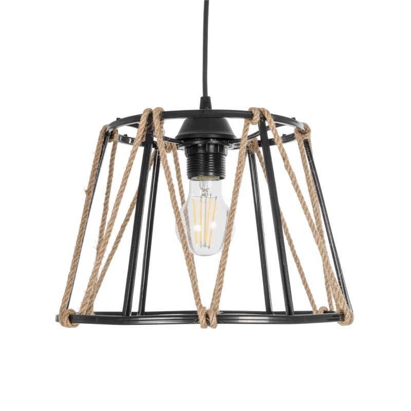 GloboStar® JUTE 203-0090 Μοντέρνο Κρεμαστό Φωτιστικό Σχοινί Μονόφωτο 1 x E27 IP20 Μαύρο Μεταλλό με Μπεζ Σχοινί - Μ30 x Π30 x Υ23cm