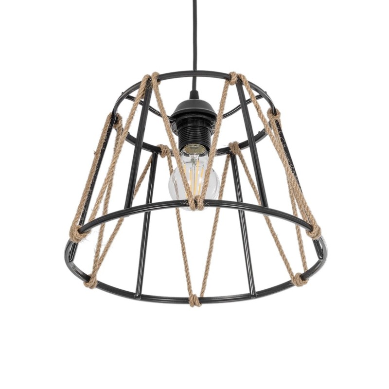 GloboStar® JUTE 203-0090 Μοντέρνο Κρεμαστό Φωτιστικό Σχοινί Μονόφωτο 1 x E27 IP20 Μαύρο Μεταλλό με Μπεζ Σχοινί - Μ30 x Π30 x Υ23cm
