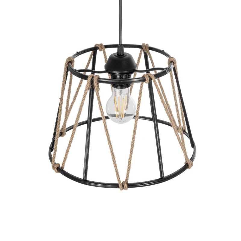 GloboStar® JUTE 203-0090 Μοντέρνο Κρεμαστό Φωτιστικό Σχοινί Μονόφωτο 1 x E27 IP20 Μαύρο Μεταλλό με Μπεζ Σχοινί - Μ30 x Π30 x Υ23cm