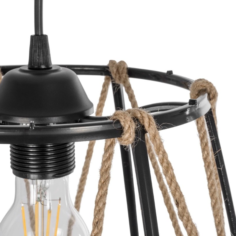 GloboStar® JUTE 203-0090 Μοντέρνο Κρεμαστό Φωτιστικό Σχοινί Μονόφωτο 1 x E27 IP20 Μαύρο Μεταλλό με Μπεζ Σχοινί - Μ30 x Π30 x Υ23cm