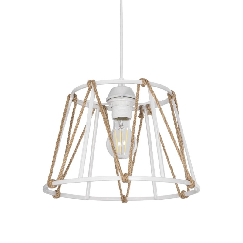 GloboStar® JUTE 203-0091 Μοντέρνο Κρεμαστό Φωτιστικό Σχοινί Μονόφωτο 1 x E27 IP20 Λευκό Μεταλλό με Μπεζ Σχοινί - Μ30 x Π30 x Υ23cm