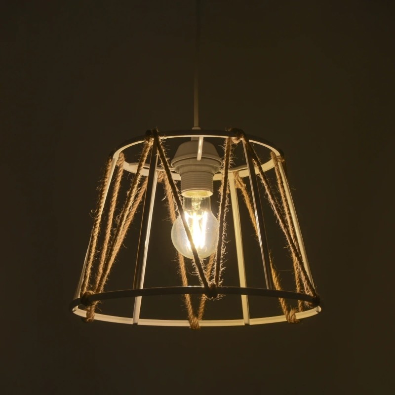 GloboStar® JUTE 203-0091 Μοντέρνο Κρεμαστό Φωτιστικό Σχοινί Μονόφωτο 1 x E27 IP20 Λευκό Μεταλλό με Μπεζ Σχοινί - Μ30 x Π30 x Υ23cm