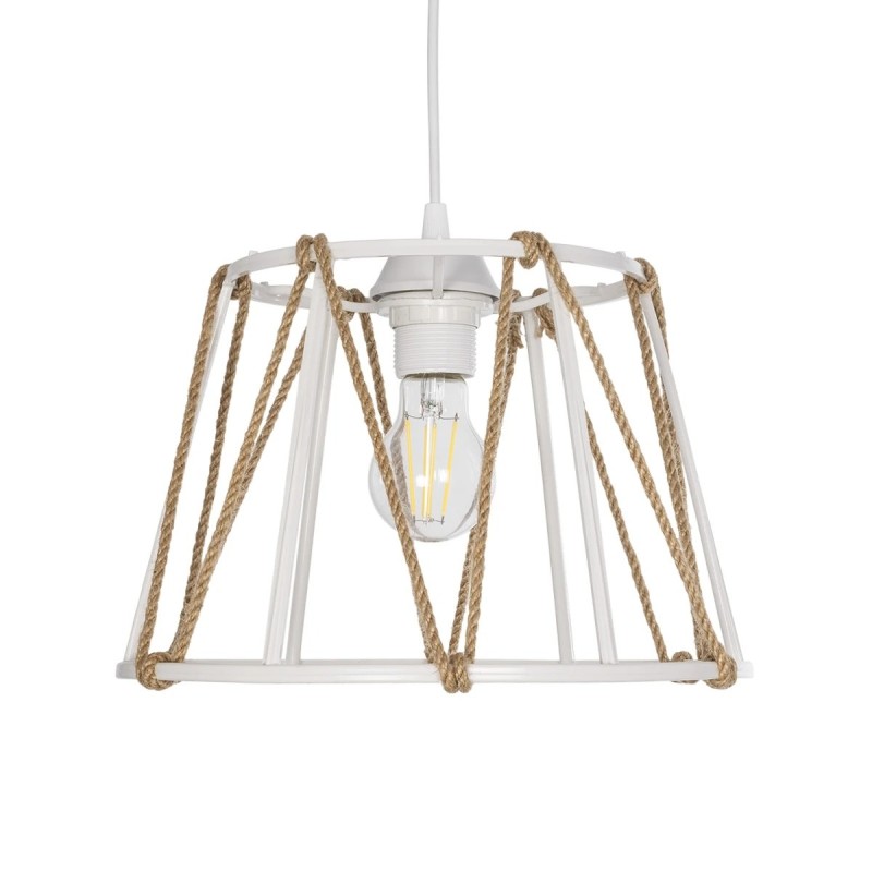 GloboStar® JUTE 203-0091 Μοντέρνο Κρεμαστό Φωτιστικό Σχοινί Μονόφωτο 1 x E27 IP20 Λευκό Μεταλλό με Μπεζ Σχοινί - Μ30 x Π30 x Υ23cm