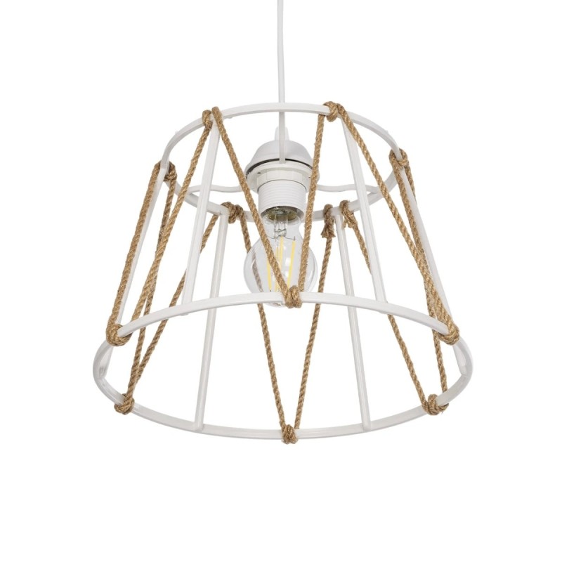 GloboStar® JUTE 203-0091 Μοντέρνο Κρεμαστό Φωτιστικό Σχοινί Μονόφωτο 1 x E27 IP20 Λευκό Μεταλλό με Μπεζ Σχοινί - Μ30 x Π30 x Υ23cm