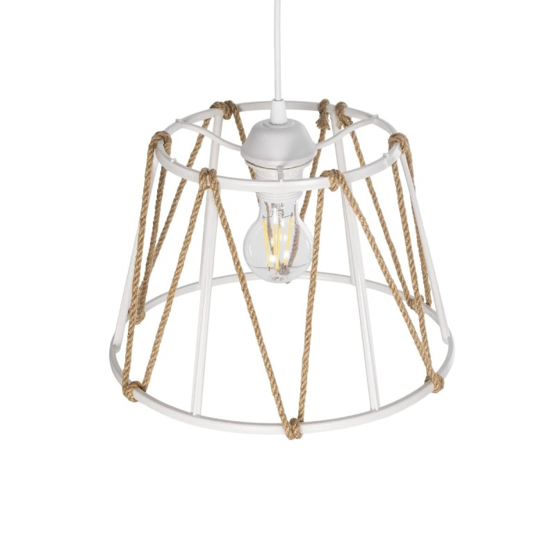 GloboStar® JUTE 203-0091 Μοντέρνο Κρεμαστό Φωτιστικό Σχοινί Μονόφωτο 1 x E27 IP20 Λευκό Μεταλλό με Μπεζ Σχοινί - Μ30 x Π30 x Υ23cm