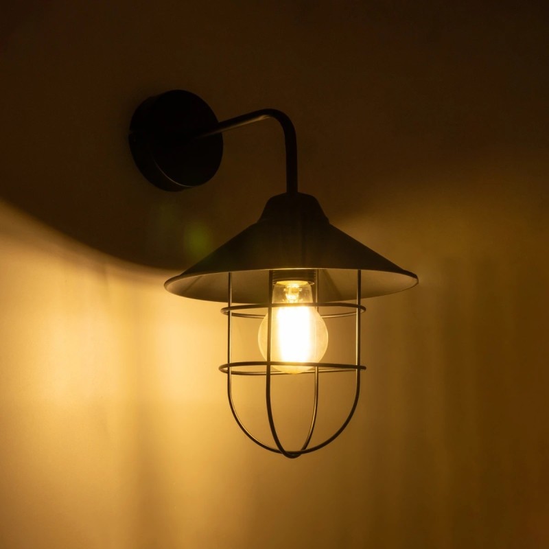 GloboStar® CAGE 203-0096 Vintage Επιτοίχιο Φωτιστικό Απλίκα Μονόφωτο 1 x E27 IP20 Μαύρο Μέταλλο - M22 x Π28 x Υ35cm