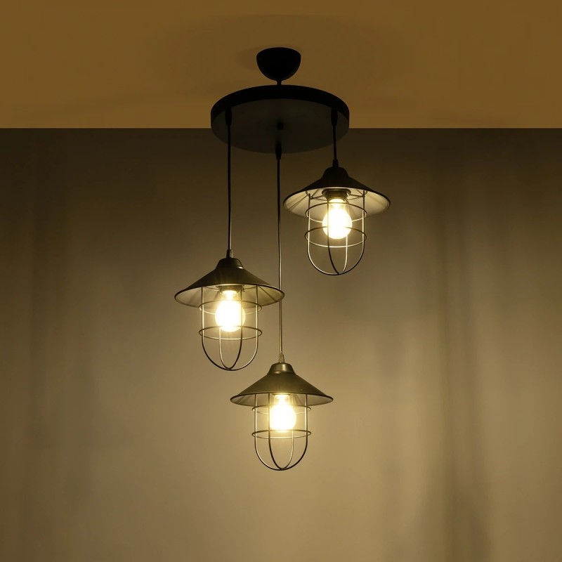 GloboStar® CAGE 203-0097 Vintage Κρεμαστό Φωτιστικό Καμπάνα Τρίφωτο 3 x E27 IP20 Μαύρο Μέταλλο - Μ30 x Π30 x Υ80cm