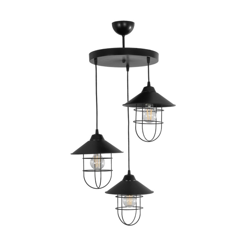 GloboStar® CAGE 203-0097 Vintage Κρεμαστό Φωτιστικό Καμπάνα Τρίφωτο 3 x E27 IP20 Μαύρο Μέταλλο - Μ30 x Π30 x Υ80cm