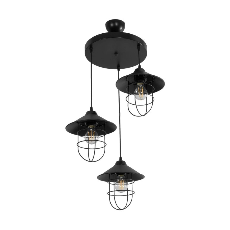 GloboStar® CAGE 203-0097 Vintage Κρεμαστό Φωτιστικό Καμπάνα Τρίφωτο 3 x E27 IP20 Μαύρο Μέταλλο - Μ30 x Π30 x Υ80cm