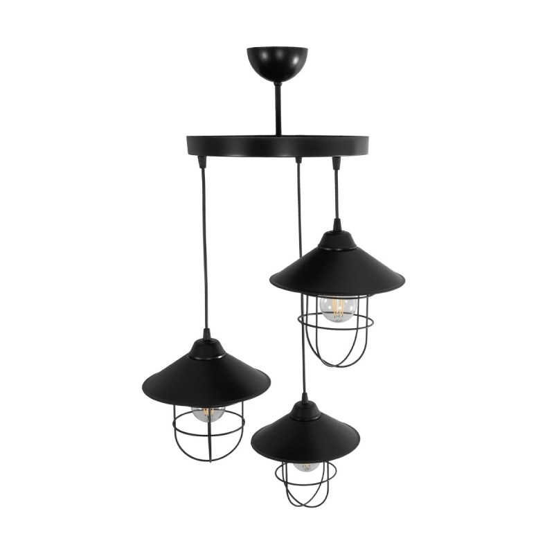 GloboStar® CAGE 203-0097 Vintage Κρεμαστό Φωτιστικό Καμπάνα Τρίφωτο 3 x E27 IP20 Μαύρο Μέταλλο - Μ30 x Π30 x Υ80cm