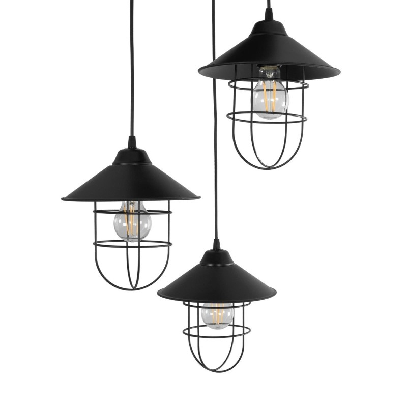 GloboStar® CAGE 203-0097 Vintage Κρεμαστό Φωτιστικό Καμπάνα Τρίφωτο 3 x E27 IP20 Μαύρο Μέταλλο - Μ30 x Π30 x Υ80cm