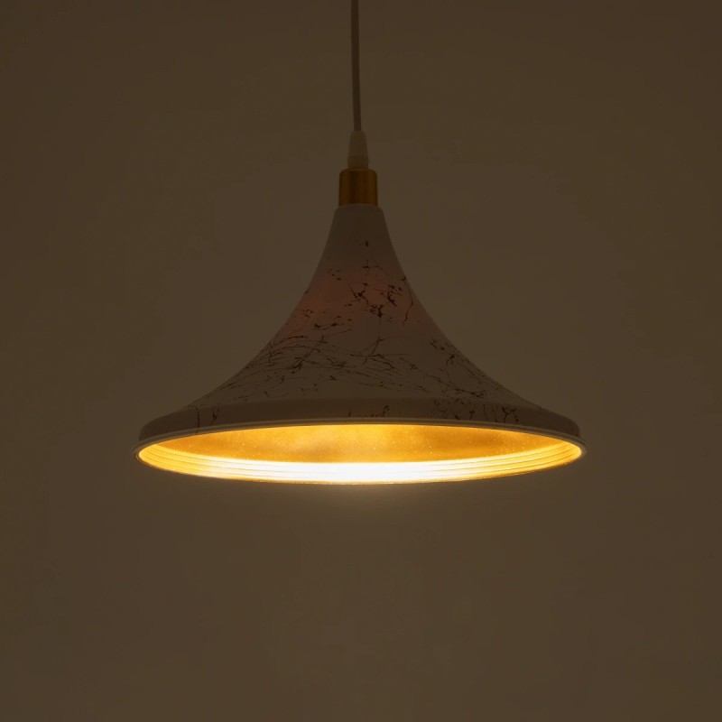 GloboStar® MARBLE 203-0098 Μοντέρνο Κρεμαστό Φωτιστικό Καμπάνα Μονόφωτο 1 x E27 IP20 Λεύκο & Χρυσό Πλαστικό - Μ30 x Π30 x Υ20cm