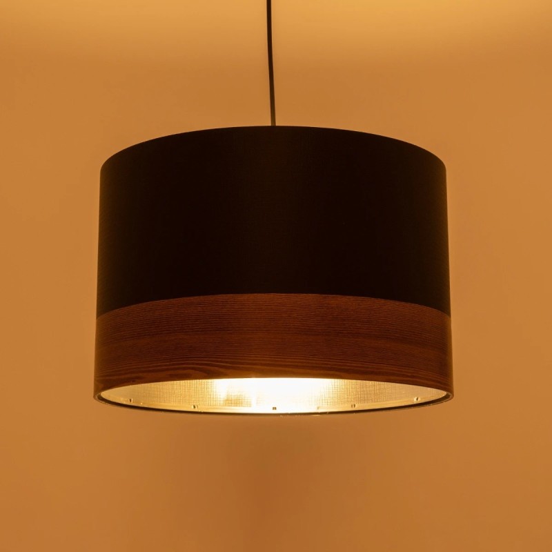 GloboStar® ZYKLUS 203-0101 Μοντέρνο Κρεμαστό Φωτιστικό Καπέλο Μονόφωτο 1 x E27 IP20 Μαύρο Ύφασμα με Καρυδί Ξύλο - Μ36 x Π36 x Υ25cm