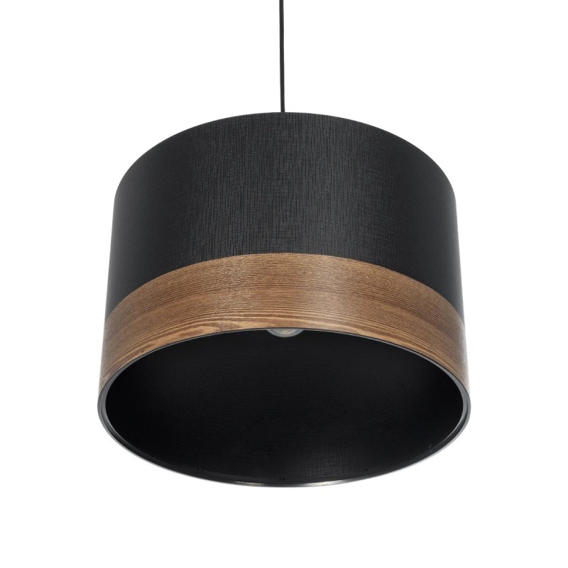 GloboStar® ZYKLUS 203-0101 Μοντέρνο Κρεμαστό Φωτιστικό Καπέλο Μονόφωτο 1 x E27 IP20 Μαύρο Ύφασμα με Καρυδί Ξύλο - Μ36 x Π36 x Υ25cm