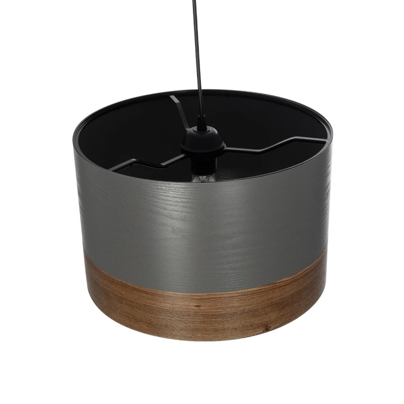 GloboStar® ZYKLUS 203-0102 Μοντέρνο Κρεμαστό Φωτιστικό Καπέλο Μονόφωτο 1 x E27 IP20 Γκρί & Καρυδί Ξύλο - Μ36 x Π36 x Υ25cm