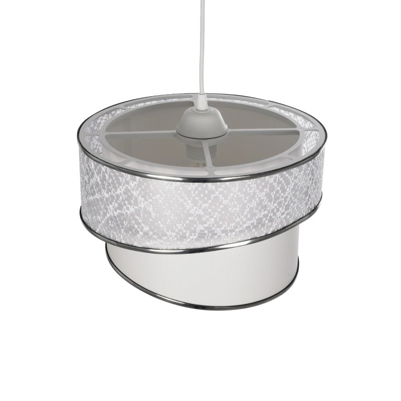 GloboStar® SONIA 203-0115 Μοντέρνο Κρεμαστό Φωτιστικό Καπέλο Μονόφωτο 1 x E27 IP20 Λευκό Ύφασμα με Ασημί Λεπτομέρεια -Μ30 x Π30 x Υ90 cm