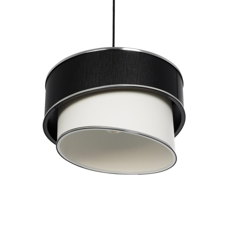 GloboStar® SONIA 203-0118 Μοντέρνο Κρεμαστό Φωτιστικό Καπέλο Μονόφωτο 1 x E27 IP20 Μαύρο & Λευκό Ύφασμα με Ασημί Λεπτομέρεια - Μ30 x Π30 x Υ90 cm