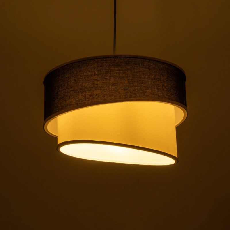 GloboStar® SONIA 203-0120 Μοντέρνο Κρεμαστό Φωτιστικό Καπέλο Μονόφωτο 1 x E27 IP20 Μαύρο & Μπεζ Ύφασμα με Χρυσή Λεπτομέρεια - Μ30 x Π30 x Υ90 cm