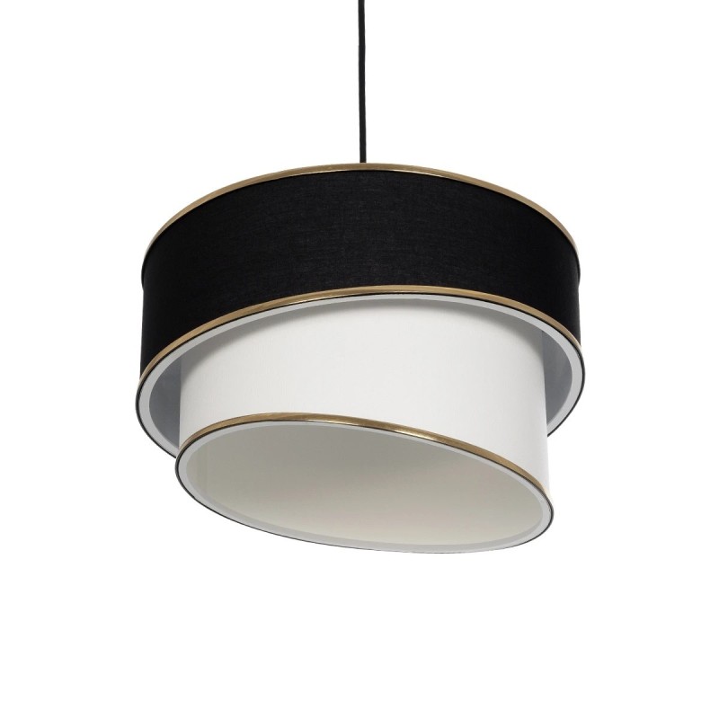 GloboStar® SONIA 203-0120 Μοντέρνο Κρεμαστό Φωτιστικό Καπέλο Μονόφωτο 1 x E27 IP20 Μαύρο & Μπεζ Ύφασμα με Χρυσή Λεπτομέρεια - Μ30 x Π30 x Υ90 cm