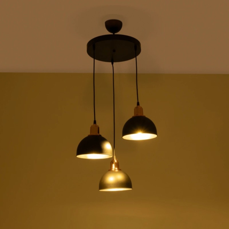 GloboStar® ΗUT 203-0146 Μοντέρνο Κρεμαστό Φωτιστικό Καμπάνα Τρίφωτο 3 x E27 IP20 Μαύρο με Χρυσό Πλαστικό - Μ40 x Π40 x Υ76cm