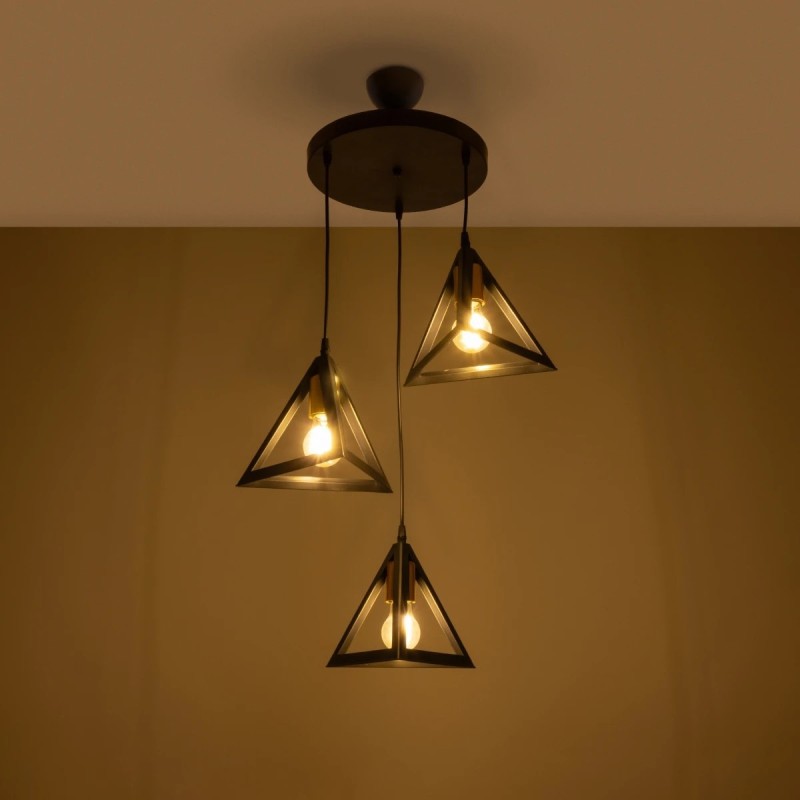 GloboStar® TRIANGLE 203-0162 Μοντέρνο Κρεμαστό Φωτιστικό Καμπάνα Τρίφωτο 3 x E27 IP20 Μαύρο με Χρυσό Πλαστικό - Μ50 x Π50 x Υ80cm