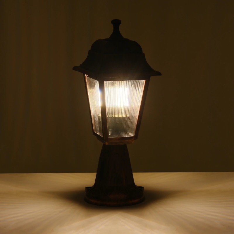 GloboStar® SOLME 203-0215 Vintage Επιδαπέδιο Φωτιστικό Φαναράκι Μονόφωτο 1 x E27 IP44 Χάλκινο & Διάφανο Πλαστικό - Μ15 x Π15 x Υ38cm