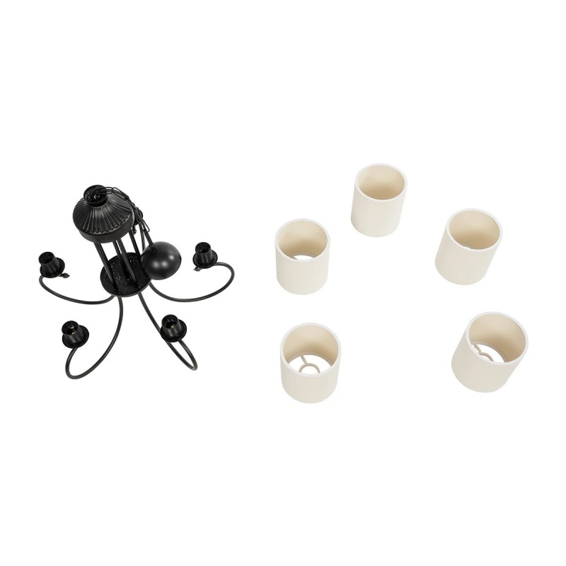 GloboStar® TRITON 203-0253 Vintage Κρεμαστό Φωτιστικό Καπέλο Πολύφωτο 5 x E27 IP20 Μαύρο Μέταλλο με Μπέζ Ύφασμα - Μ50 x Π50 x Υ48cm