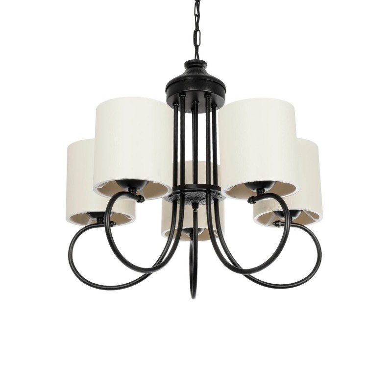 GloboStar® TRITON 203-0253 Vintage Κρεμαστό Φωτιστικό Καπέλο Πολύφωτο 5 x E27 IP20 Μαύρο Μέταλλο με Μπέζ Ύφασμα - Μ50 x Π50 x Υ48cm
