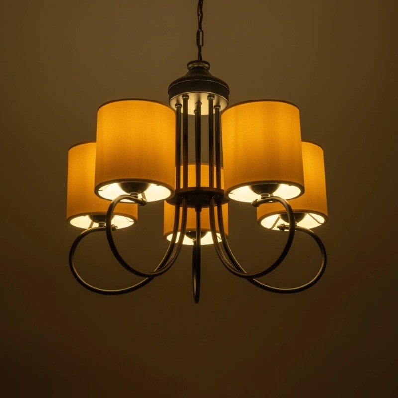 GloboStar® TRITON 203-0253 Vintage Κρεμαστό Φωτιστικό Καπέλο Πολύφωτο 5 x E27 IP20 Μαύρο Μέταλλο με Μπέζ Ύφασμα - Μ50 x Π50 x Υ48cm