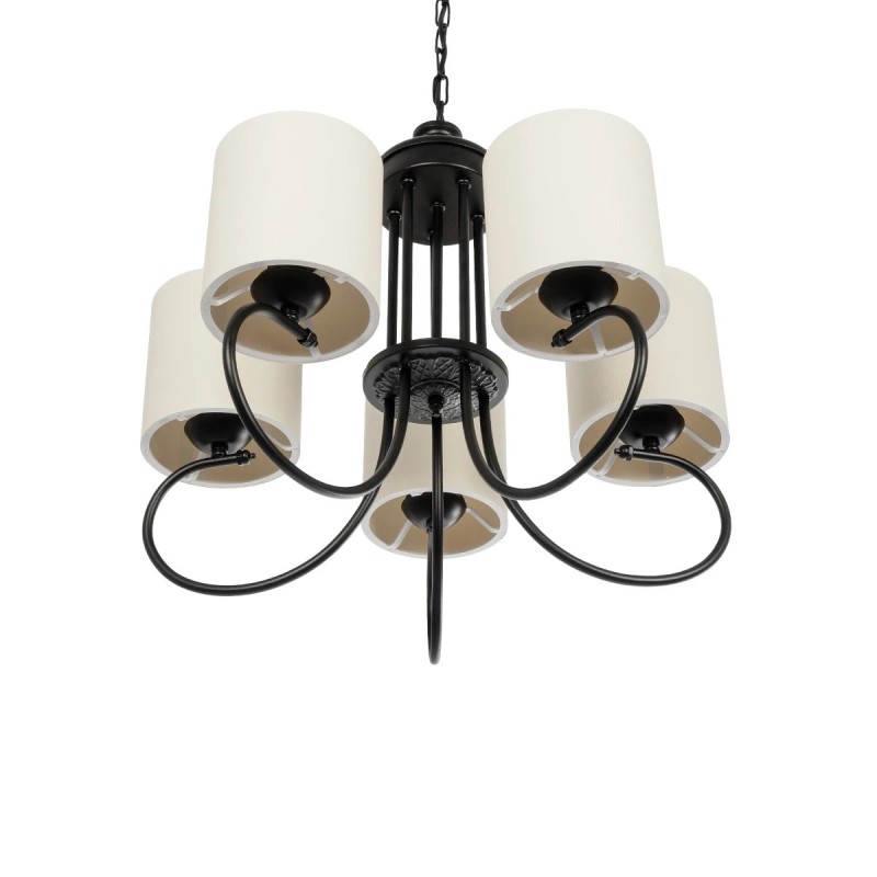 GloboStar® TRITON 203-0253 Vintage Κρεμαστό Φωτιστικό Καπέλο Πολύφωτο 5 x E27 IP20 Μαύρο Μέταλλο με Μπέζ Ύφασμα - Μ50 x Π50 x Υ48cm