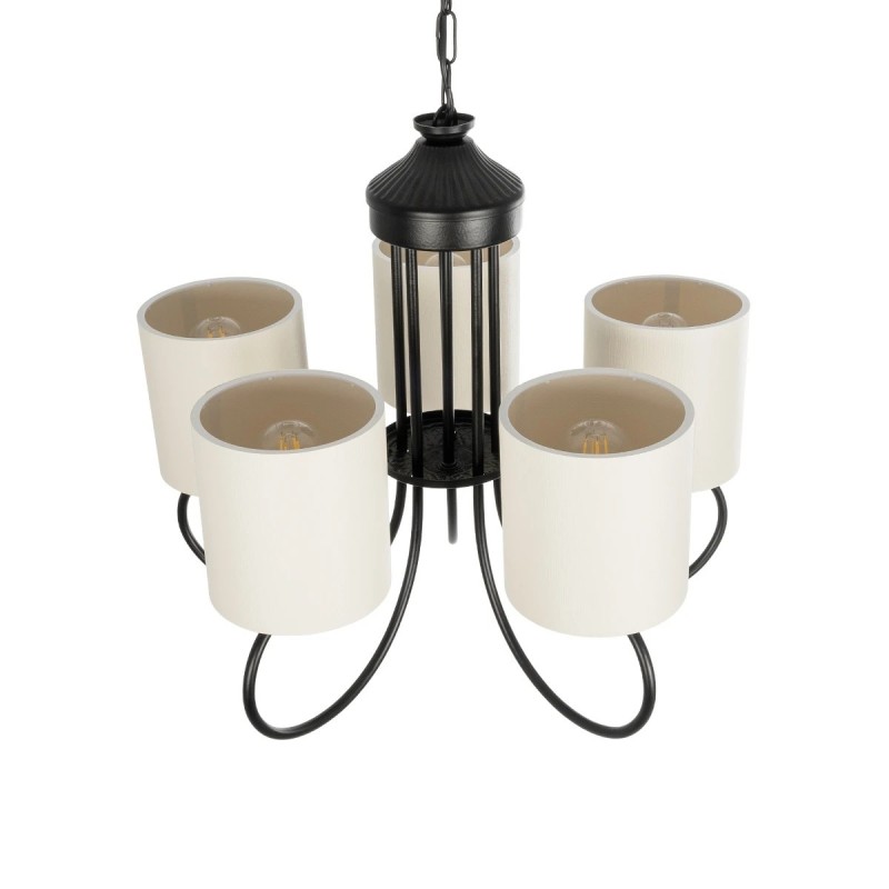 GloboStar® TRITON 203-0253 Vintage Κρεμαστό Φωτιστικό Καπέλο Πολύφωτο 5 x E27 IP20 Μαύρο Μέταλλο με Μπέζ Ύφασμα - Μ50 x Π50 x Υ48cm