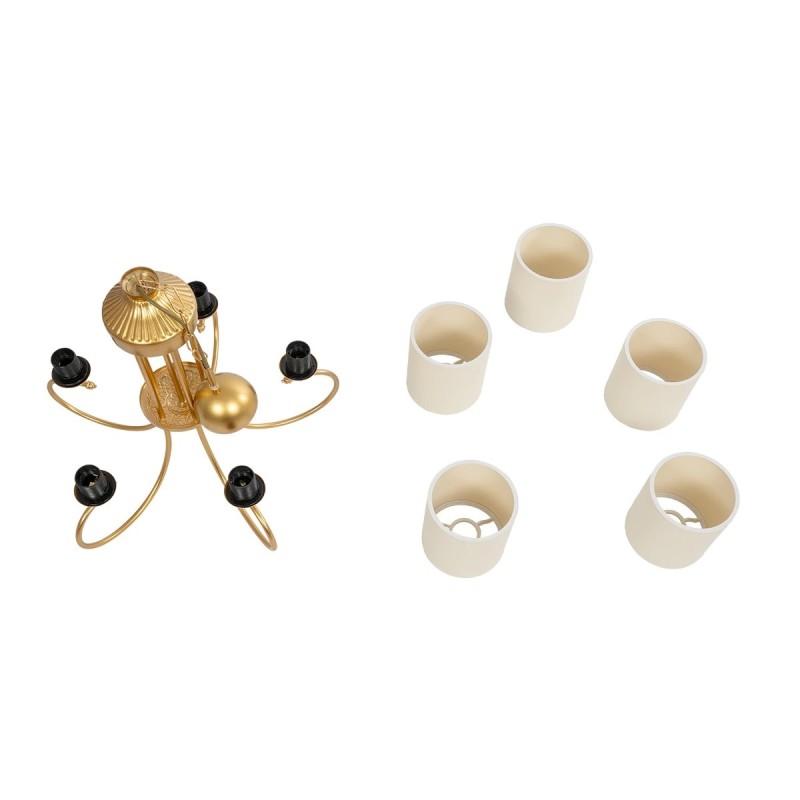 GloboStar® TRITON 203-0254 Vintage Κρεμαστό Φωτιστικό Καπέλο Πολύφωτο 5 x E27 IP20 Χρυσό Μέταλλο με Μπέζ Ύφασμα - Μ50 x Π50 x Υ48cm