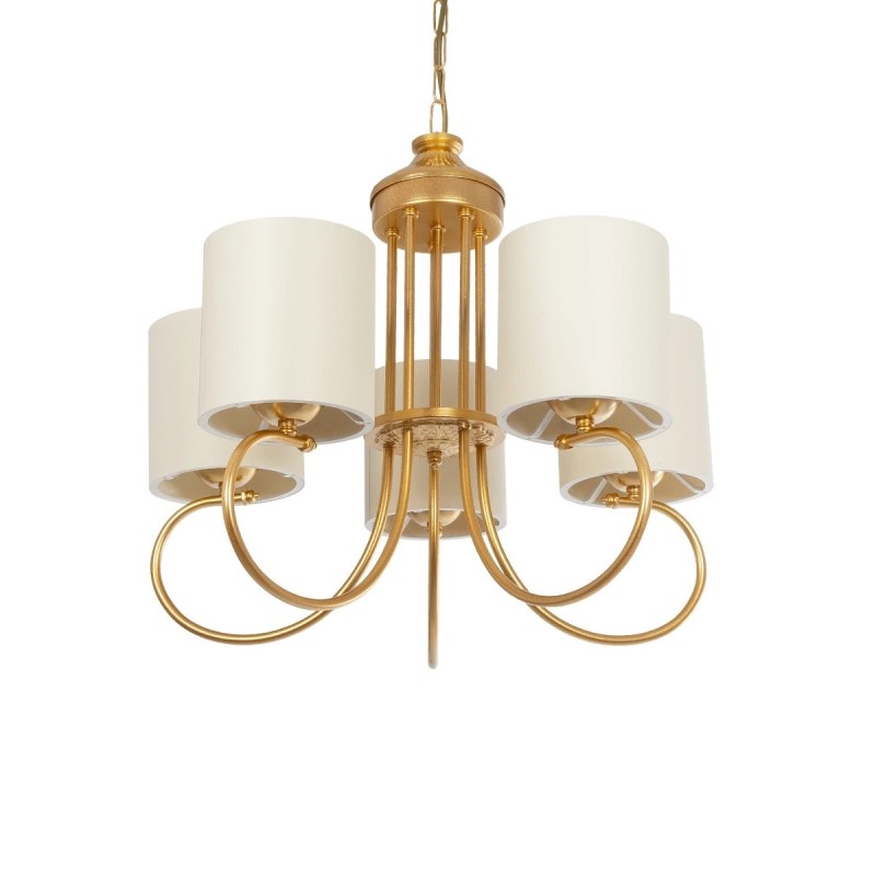 GloboStar® TRITON 203-0254 Vintage Κρεμαστό Φωτιστικό Καπέλο Πολύφωτο 5 x E27 IP20 Χρυσό Μέταλλο με Μπέζ Ύφασμα - Μ50 x Π50 x Υ48cm
