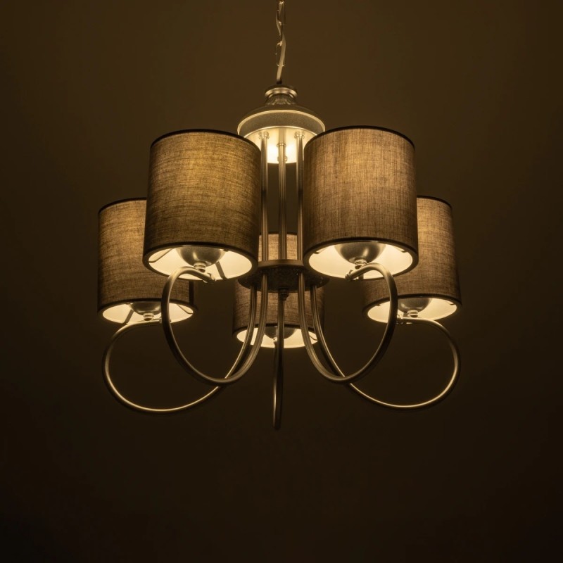 GloboStar® TRITON 203-0255 Vintage Κρεμαστό Φωτιστικό Καπέλο Πολύφωτο 5 x E27 IP20 Ασημί Μέταλλο με Γκρι Ύφασμα - Μ50 x Π50 x Υ48cm