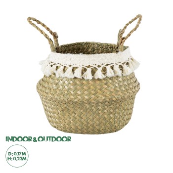 GloboStar® Artificial Garden MILOS 20306 Διακοσμητικό Ψάθινο Καλάθι - Κασπώ Γλάστρα - Flower Pot Μπεζ με Μακραμέ Φ17cm x Υ23cm