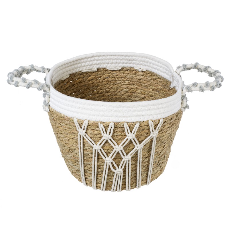 GloboStar® Artificial Garden SARDINIA 20335 ΣΕΤ 3 Διακοσμητικά Πλεκτά Καλάθια - Κασπώ Γλάστρες - Flower Pots Μπεζ με Μακραμέ A:Φ25cm x Υ20cm B:Φ30cm x Υ27cm C:Φ35cm x Υ30cm