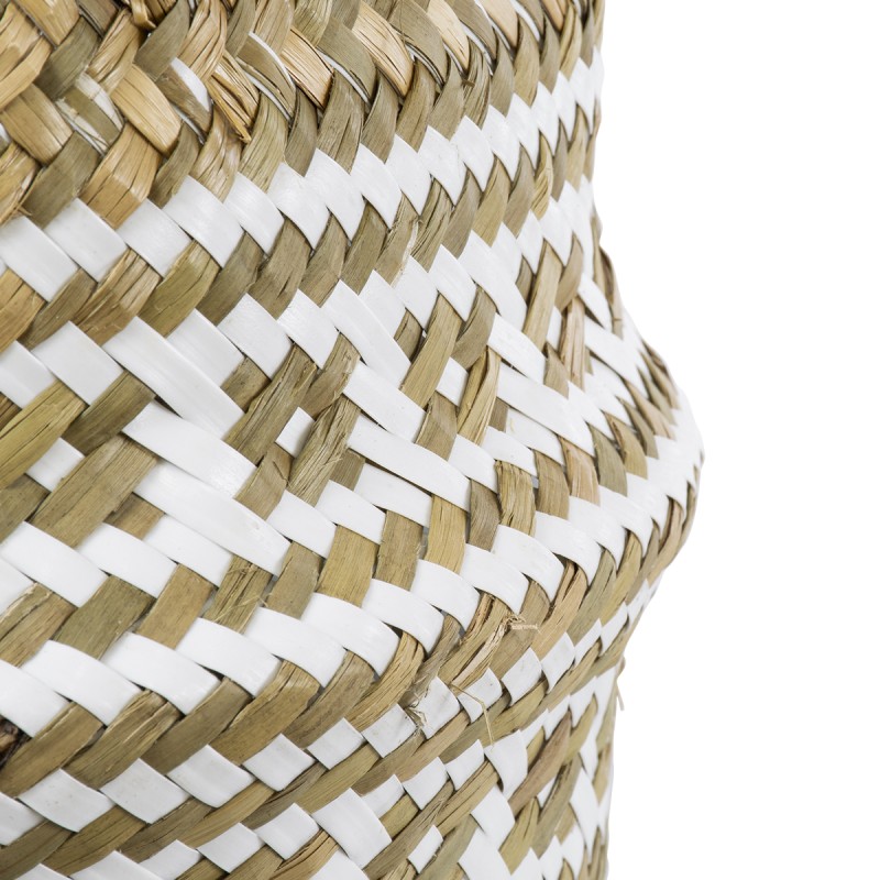 GloboStar® Artificial Garden SYMI 20338 Διακοσμητικό Ψάθινο Καλάθι - Κασπώ Γλάστρα - Flower Pot Μπεζ με Λευκό Φ18cm x Υ20cm