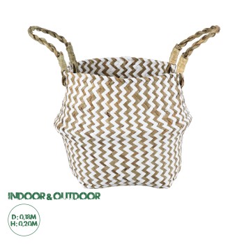 GloboStar® Artificial Garden IOS 20339 Διακοσμητικό Ψάθινο Καλάθι - Κασπώ Γλάστρα - Flower Pot Καφέ με Λευκό Φ18cm x Υ20cm