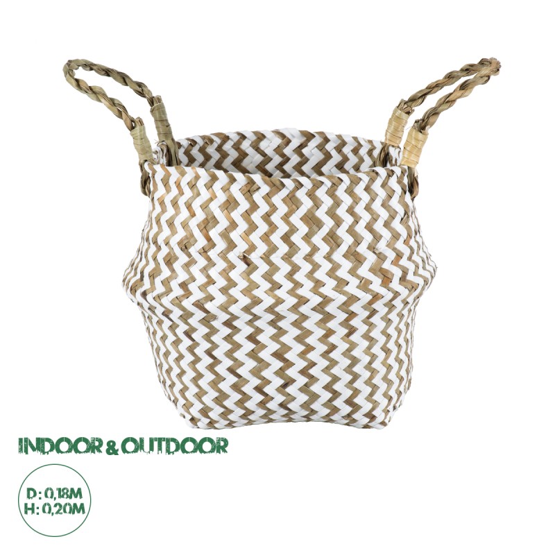 GloboStar® Artificial Garden IOS 20339 Διακοσμητικό Ψάθινο Καλάθι - Κασπώ Γλάστρα - Flower Pot Καφέ με Λευκό Φ18cm x Υ20cm