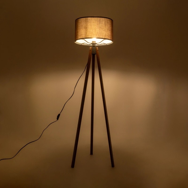 GloboStar® SAGA 204-0034 Μοντέρνο Eπιδαπέδιο Φωτιστικό Μονόφωτο 1 x E27 IP20 Καρυδί Ξύλο με Καφέ Ύφασμα - Μ38 x Π38 x Υ140cm