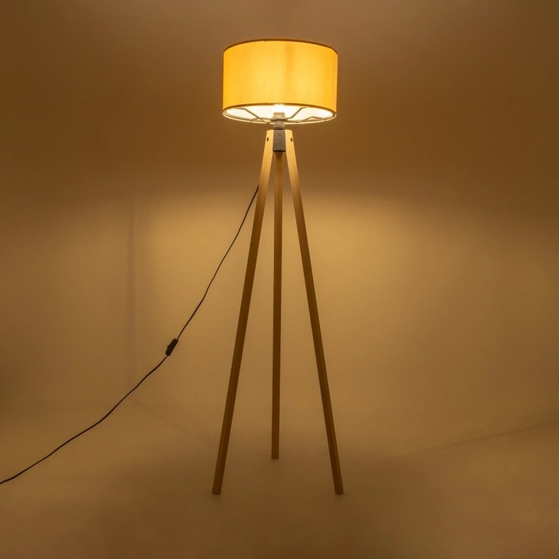 GloboStar® SAGA 204-0045 Μοντέρνο Eπιδαπέδιο Φωτιστικό Μονόφωτο 1 x E27 IP20 Μπεζ Ξύλο με Κίτρινο Ύφασμα - Μ38 x Π38 x Υ140cm