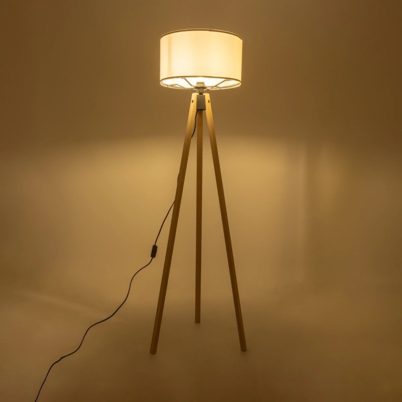 GloboStar® SAGA 204-0046 Μοντέρνο Eπιδαπέδιο Φωτιστικό Μονόφωτο 1 x E27 IP20 Μπεζ Ξύλο με Λευκό Ύφασμα - Μ38 x Π38 x Υ140cm