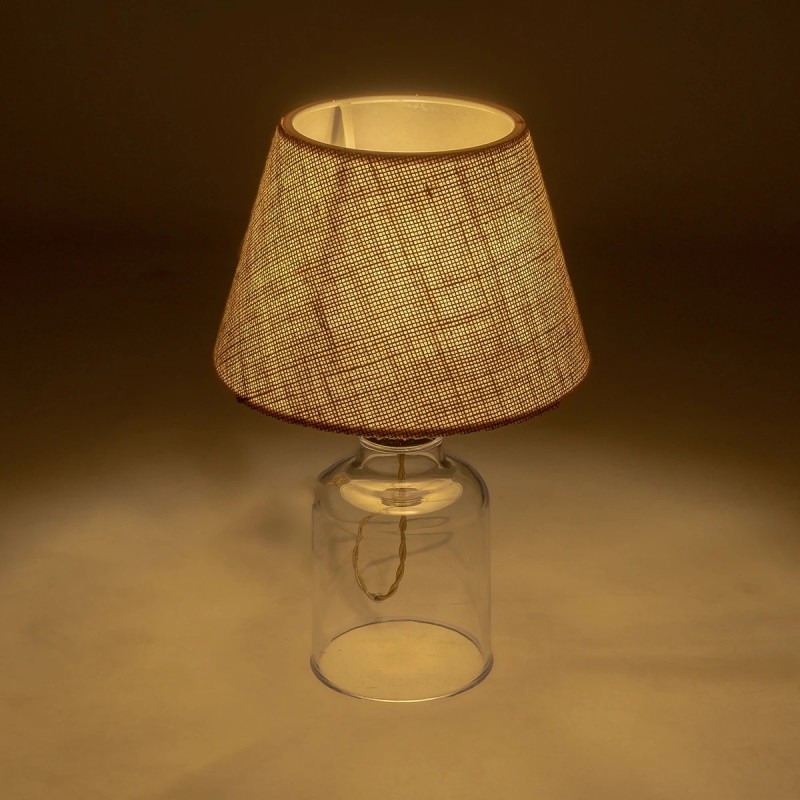 GloboStar® TRANS 204-0055 Μοντέρνο Eπιτραπέζιο Φωτιστικό Μονόφωτο 1 x E27 IP20 Διάφανο Πλαστικό με Μπεζ Ύφασμα - Μ22 x Π22 x Υ14cm