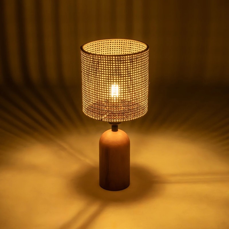 GloboStar® HARD 204-0065 Μοντέρνο Eπιτραπέζιο Φωτιστικό Μονόφωτο 1 x E27 IP20 Καφέ Ξύλο με Μπεζ Rattan - Μ15 x Π15 x Υ35cm